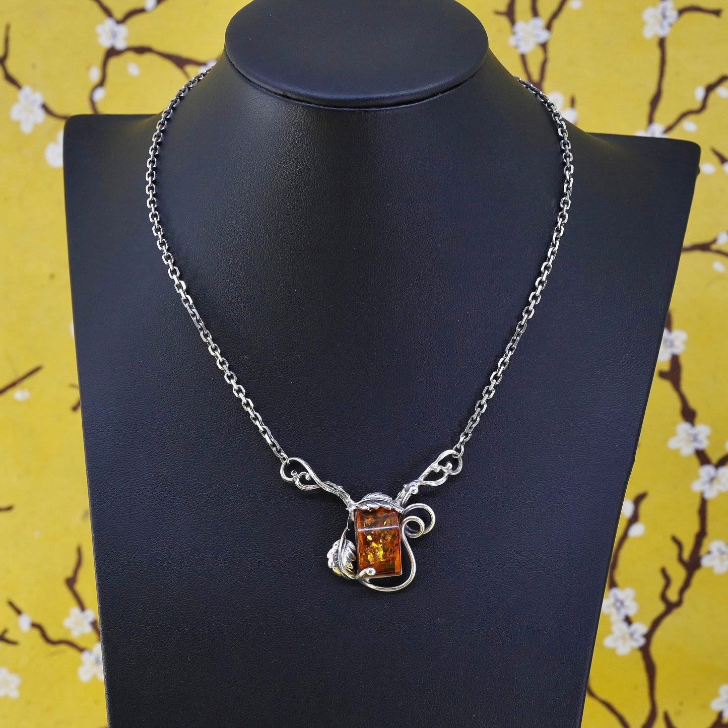 16", sterling silver Y necklace, 925 elongated chain with amber pendant leaves