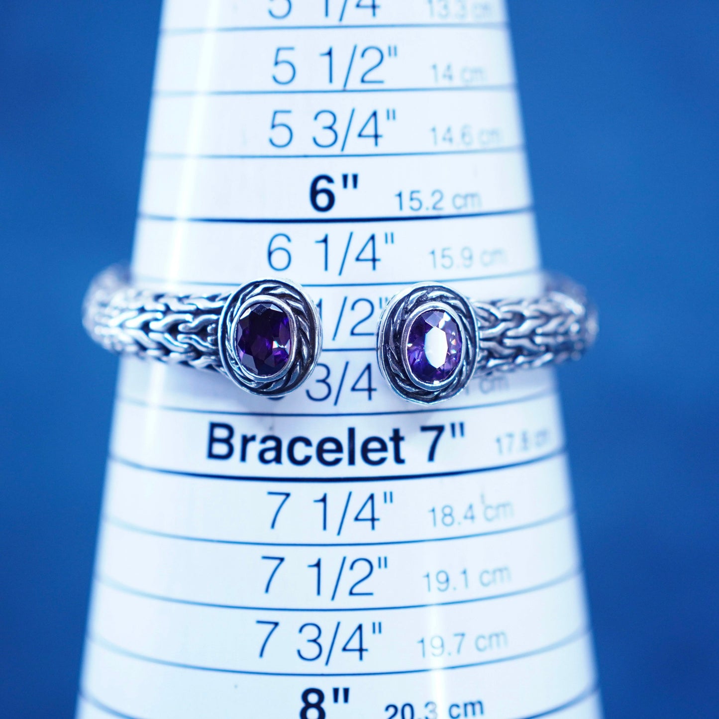 6.5”, sterling silver handmade bracelet, 925 cable cuff with amethyst ends