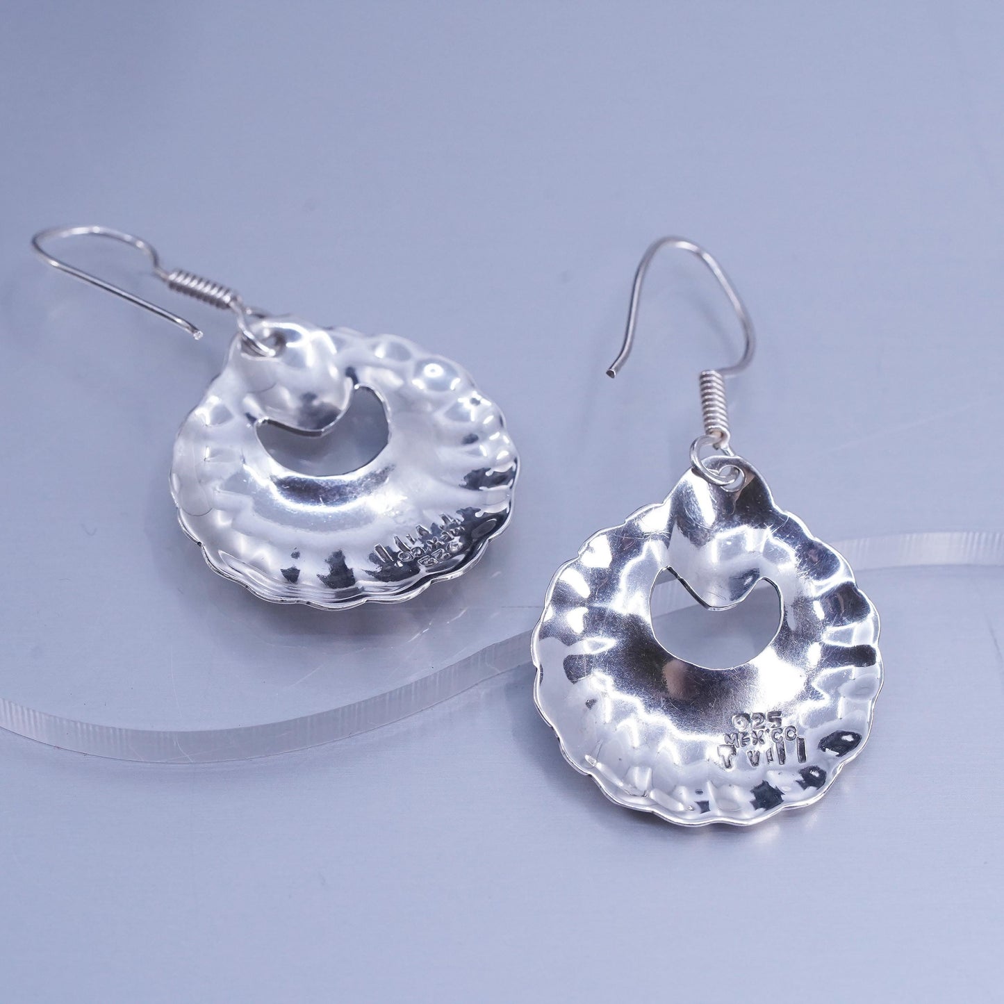 Vintage Mexican Sterling 925 silver handmade circle shell discs earrings