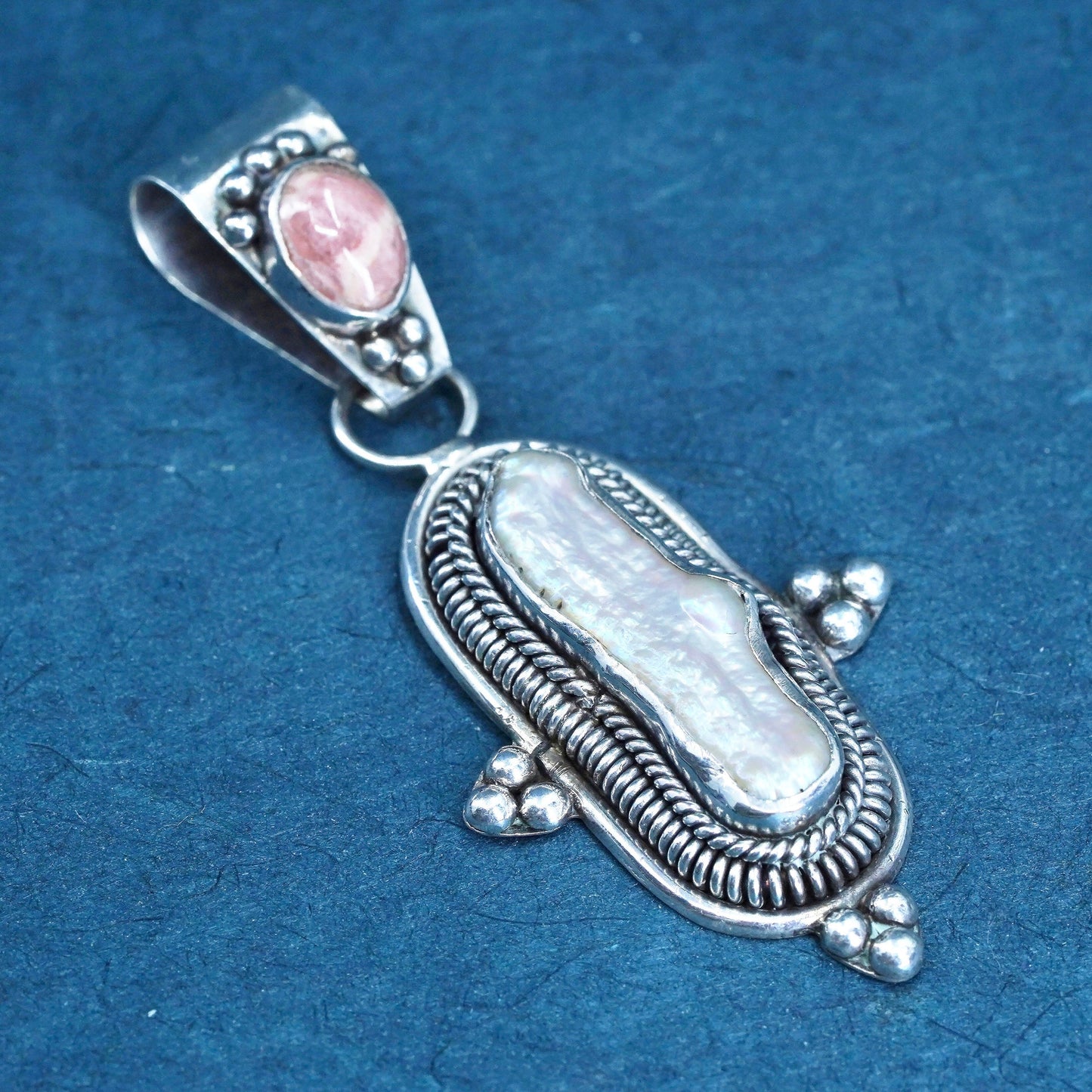 Vintage Sterling 925 silver pendant w/ long baroque Pearl, rhodochrosite cable