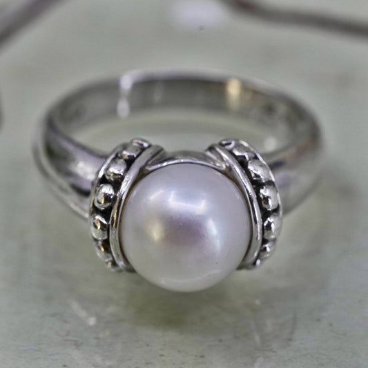 Size 7, Vintage sterling 925 silver handmade ring with pearl and beads