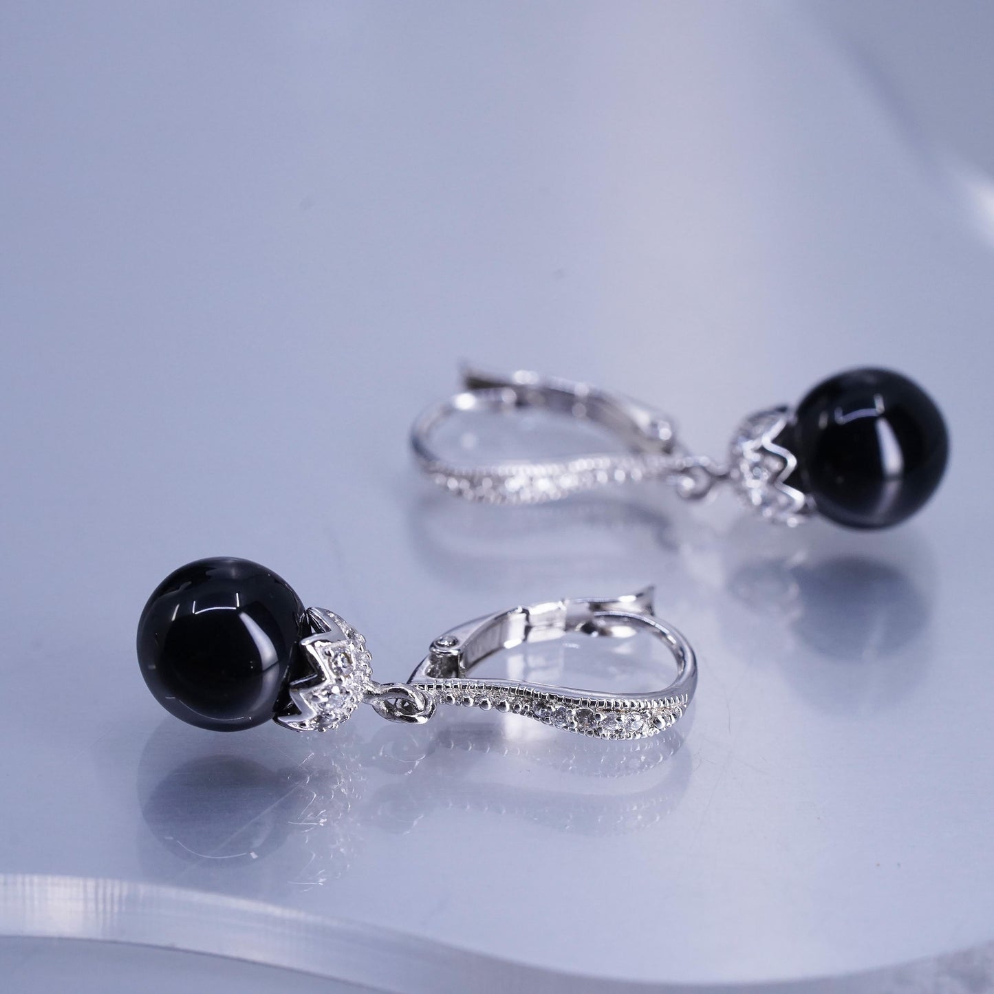 vintage Sterling silver earrings, 925 lever back with onyx beads and cz