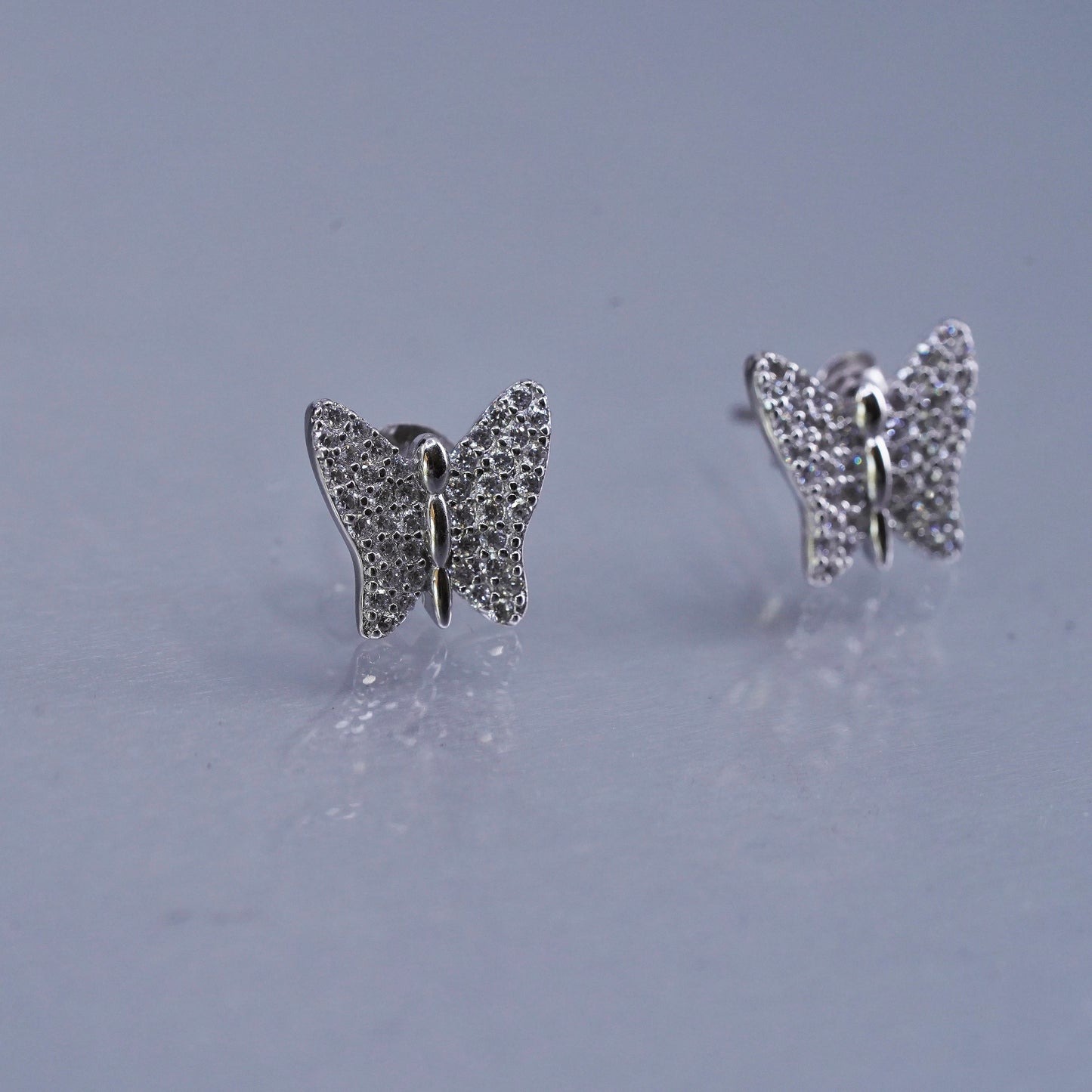 Vintage Sterling 925 silver handmade earrings, butterfly studs with cluster Cz