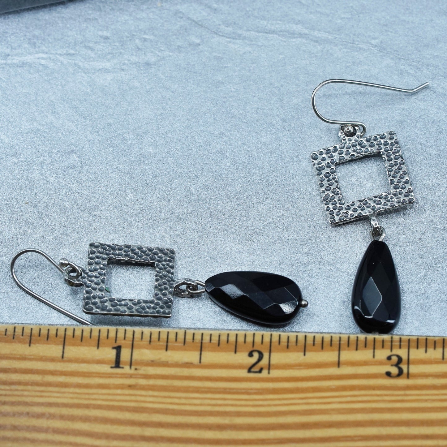 Vintage Sterling silver handmade earrings, 925 square w/ teardrop onyx dangles