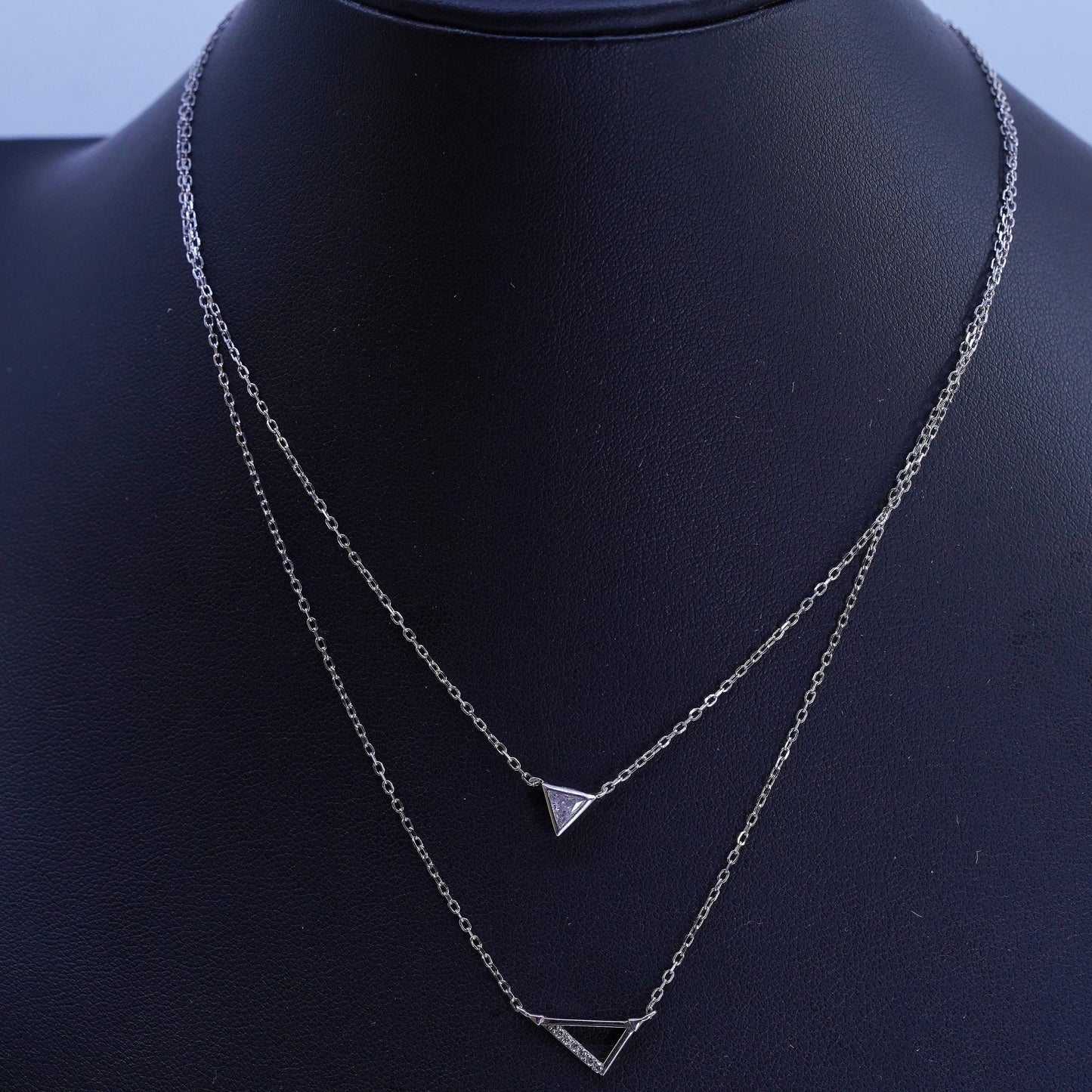 14+2”, Sterling 925 silver double strands necklace with triangular cz pendant