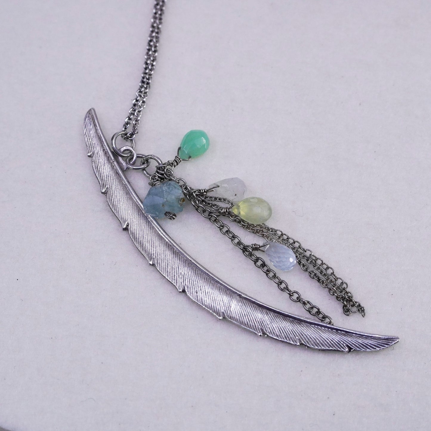 18”, Native American Sterling 925 silver handmade feather necklace w/ teardrop