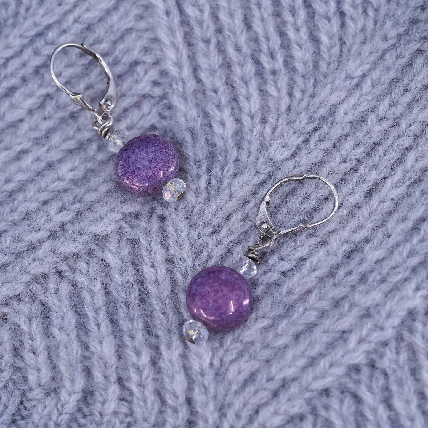 Vintage sterling 925 silver handmade earrings, with purple disc