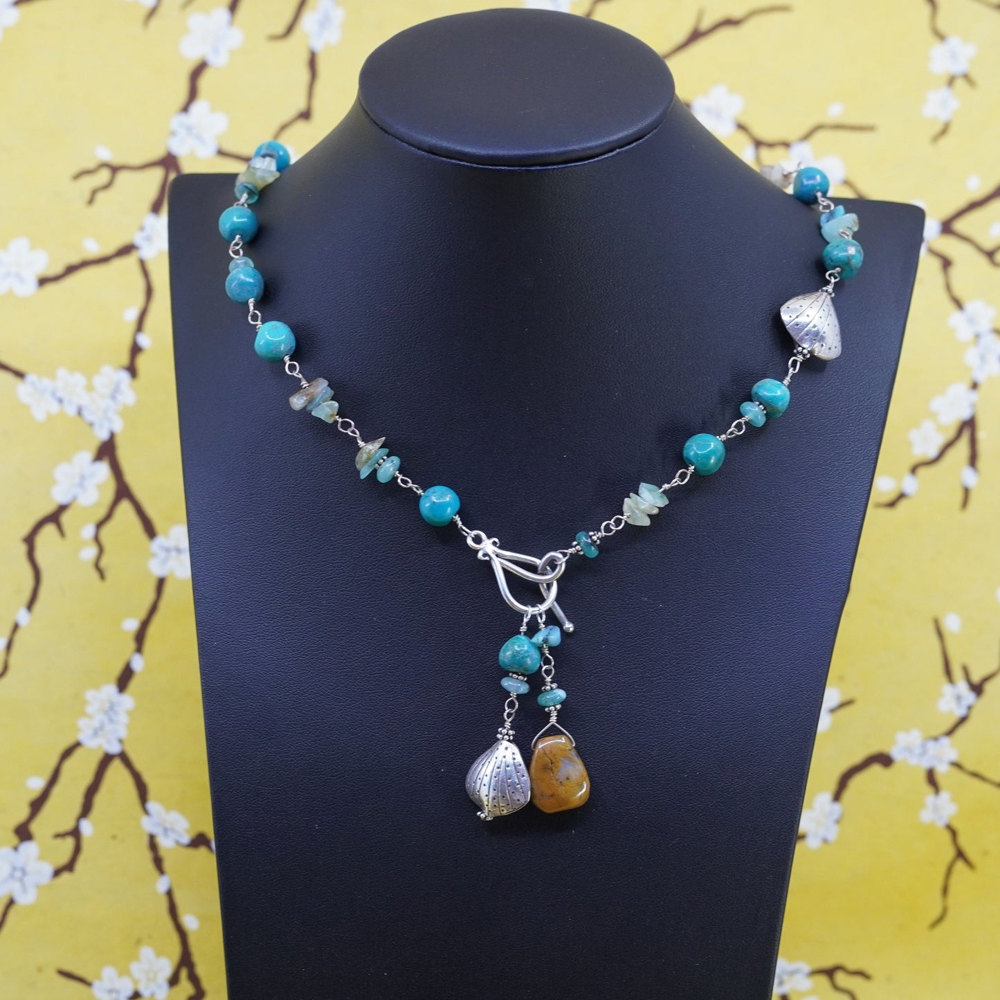 20”. Native American handmade necklace with turquoise beads and shell charms