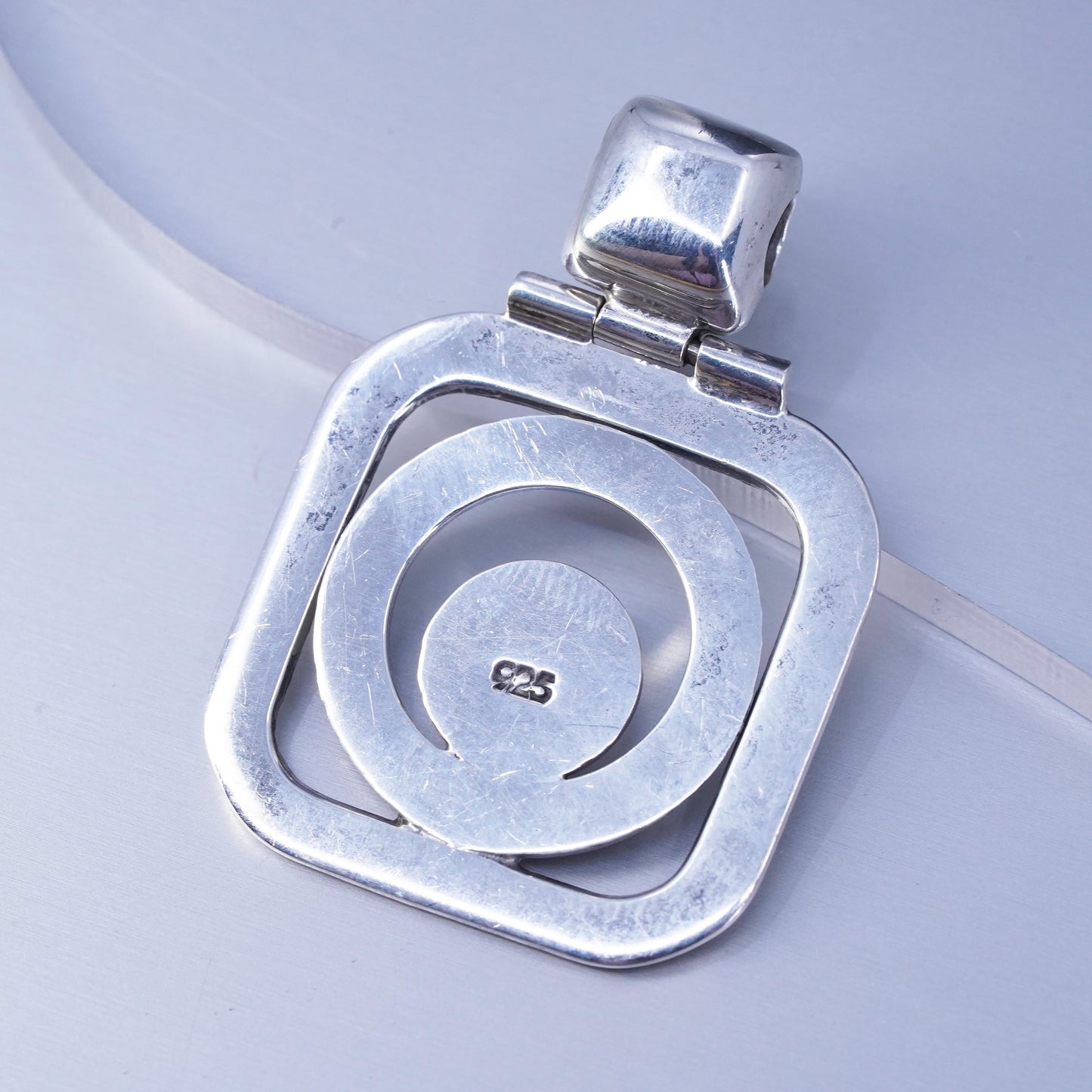 Vintage sterling 925 silver handmade modern square circle pendant