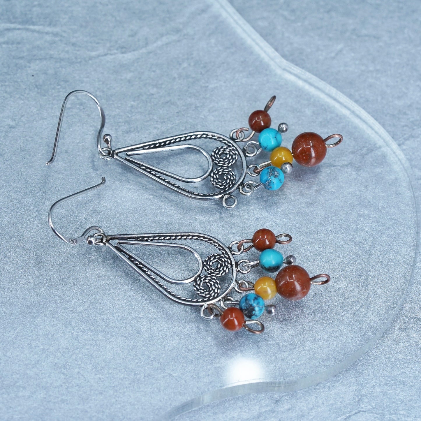 Vintage Sterling 925 silver filigree teardrop earrings with turquoise jasper