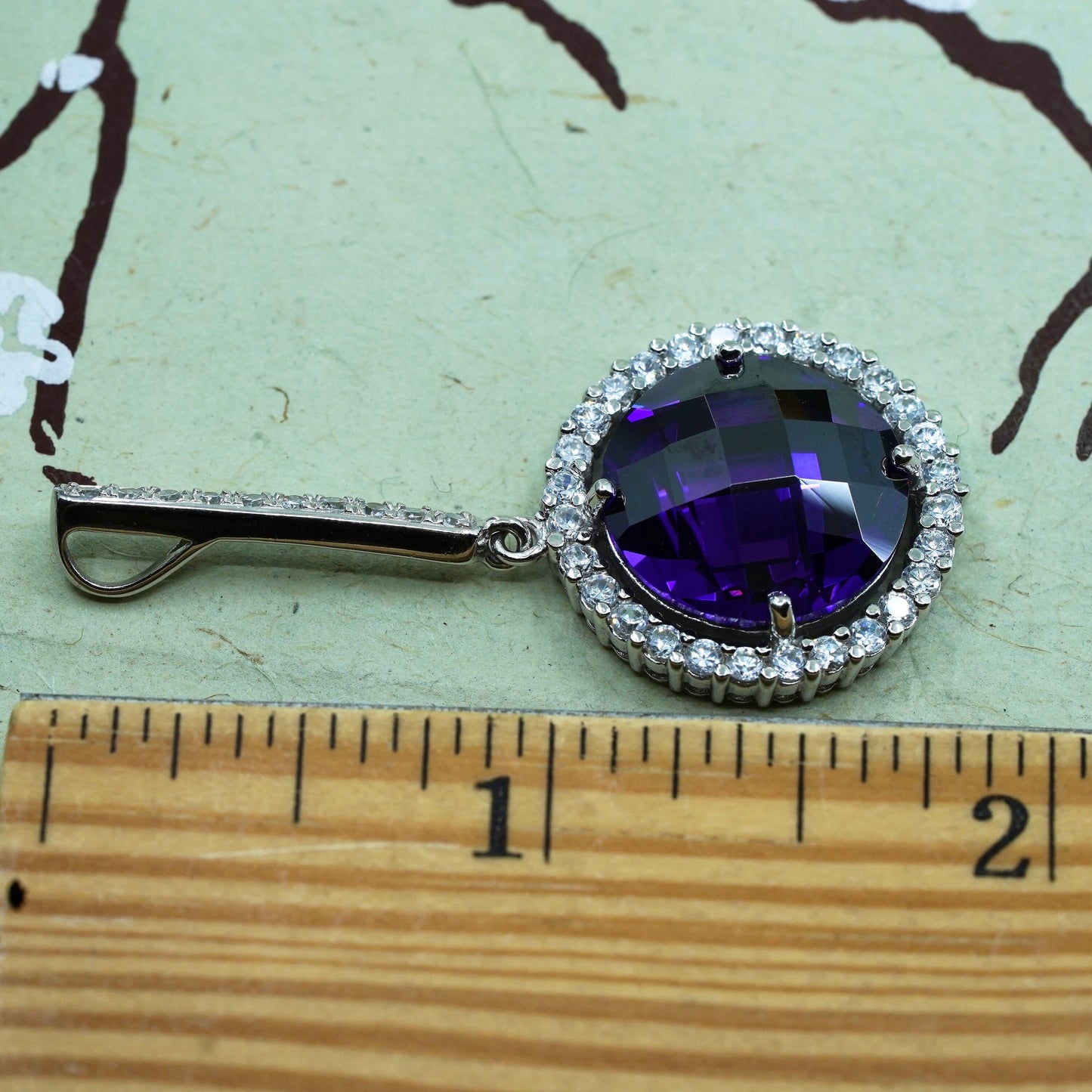 Vintage Sterling 925 silver handmade pendant with amethyst and cz around