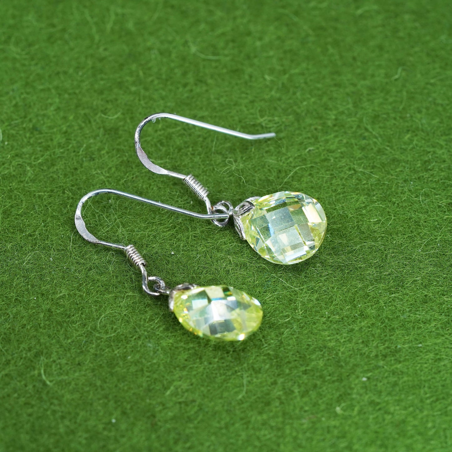 Vintage sterling silver 925 handmade earrings with teardrop crystal green drops