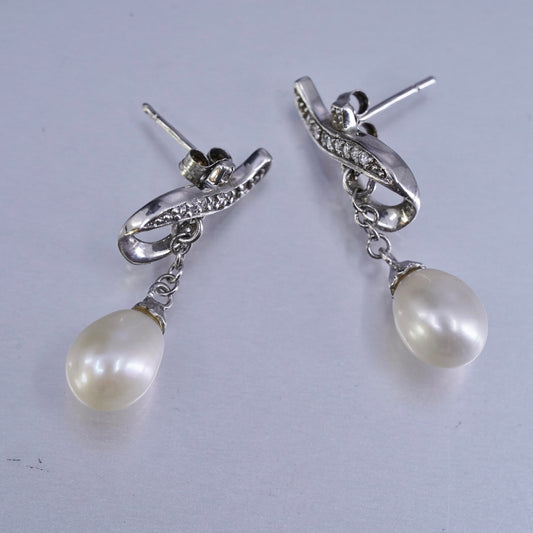 Vintage Sterling 925 silver handmade earrings with teardrop pearl and Cz