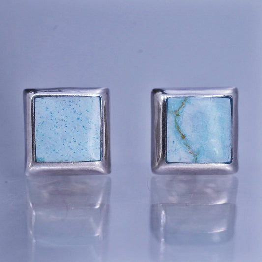 Vintage Sterling 925 silver handmade earrings, square studs with turquoise