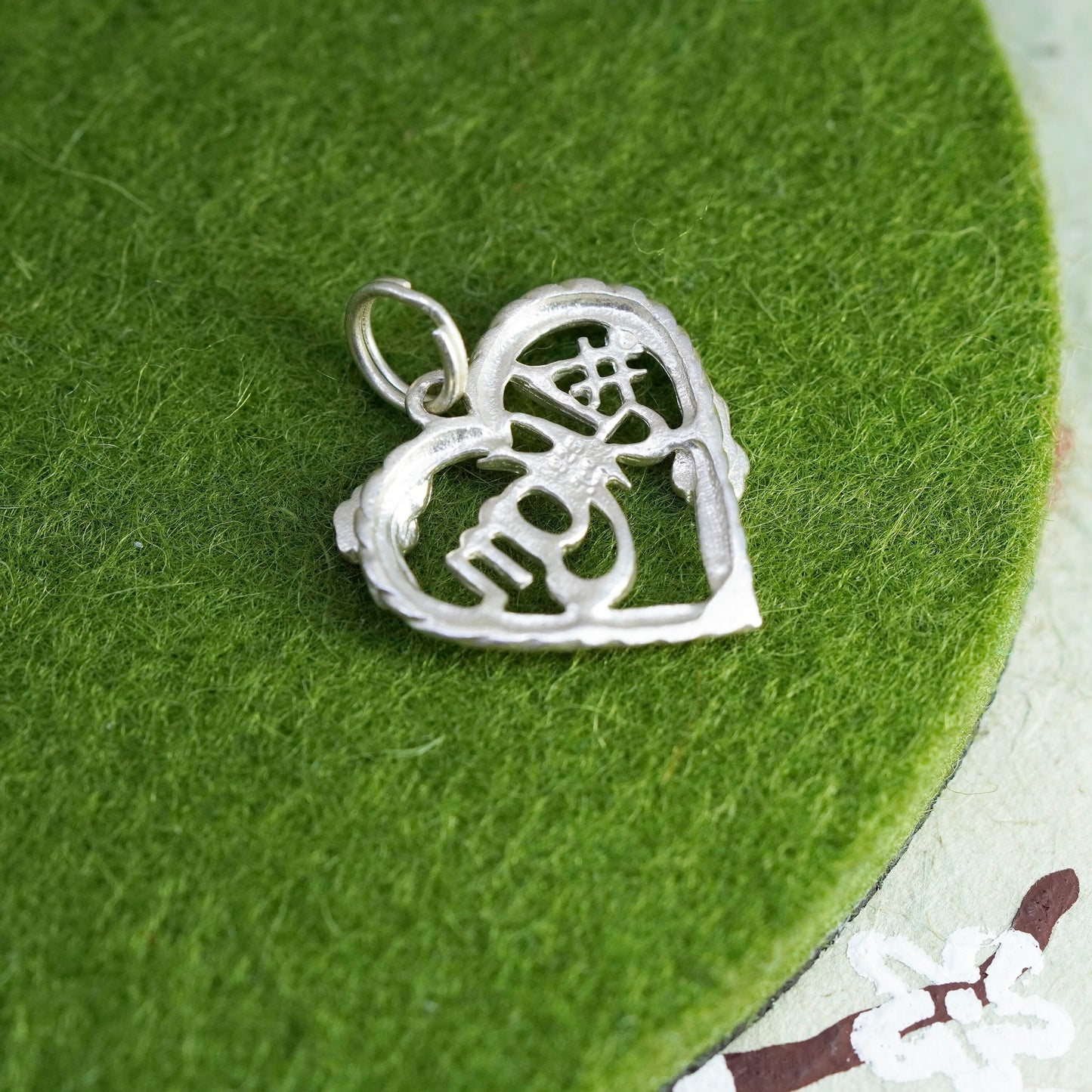 Sterling silver handmade pendant, filigree heart with “mom”, 925 silver pendant