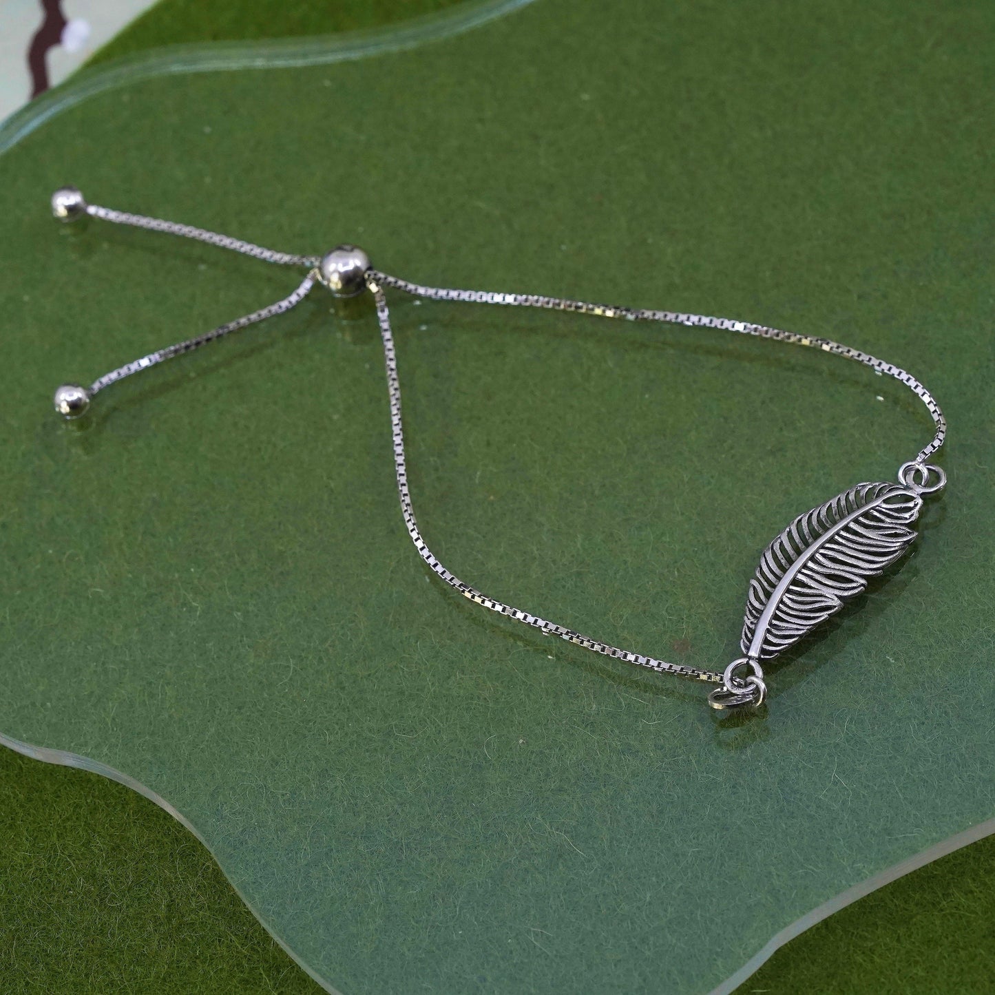 Size adjustable, sterling silver box chain, 925 bracelet with feather charm
