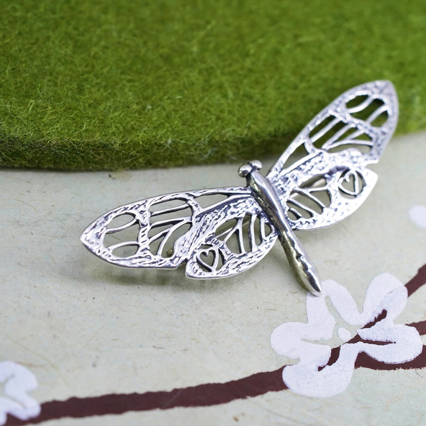 Vintage Sterling silver handmade brooch, filigree 925 dragonfly pin