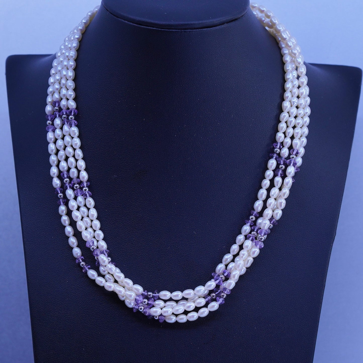 18”, vintage Sterling 925 silver handmade multi strands necklace with pearls amethyst