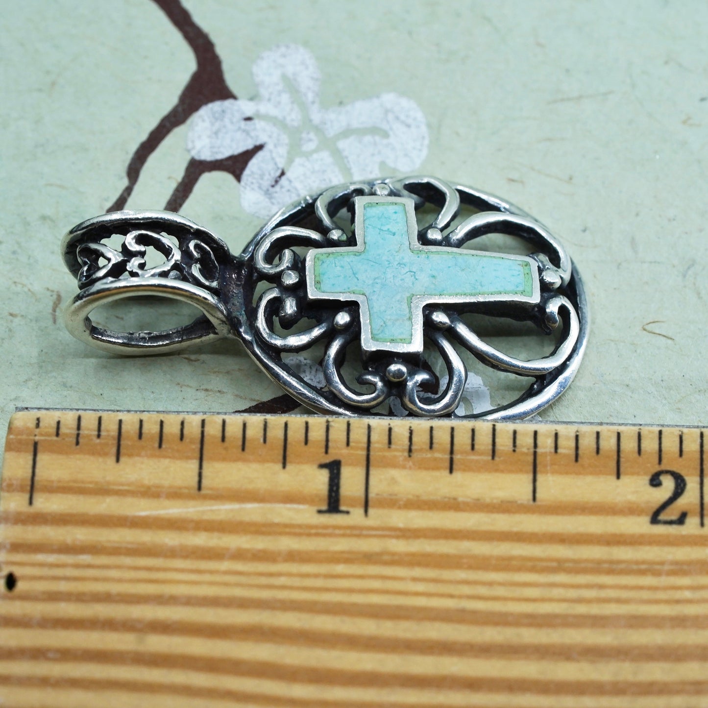 Vintage handmade sterling silver 925 filigree oval pendant with turquoise cross