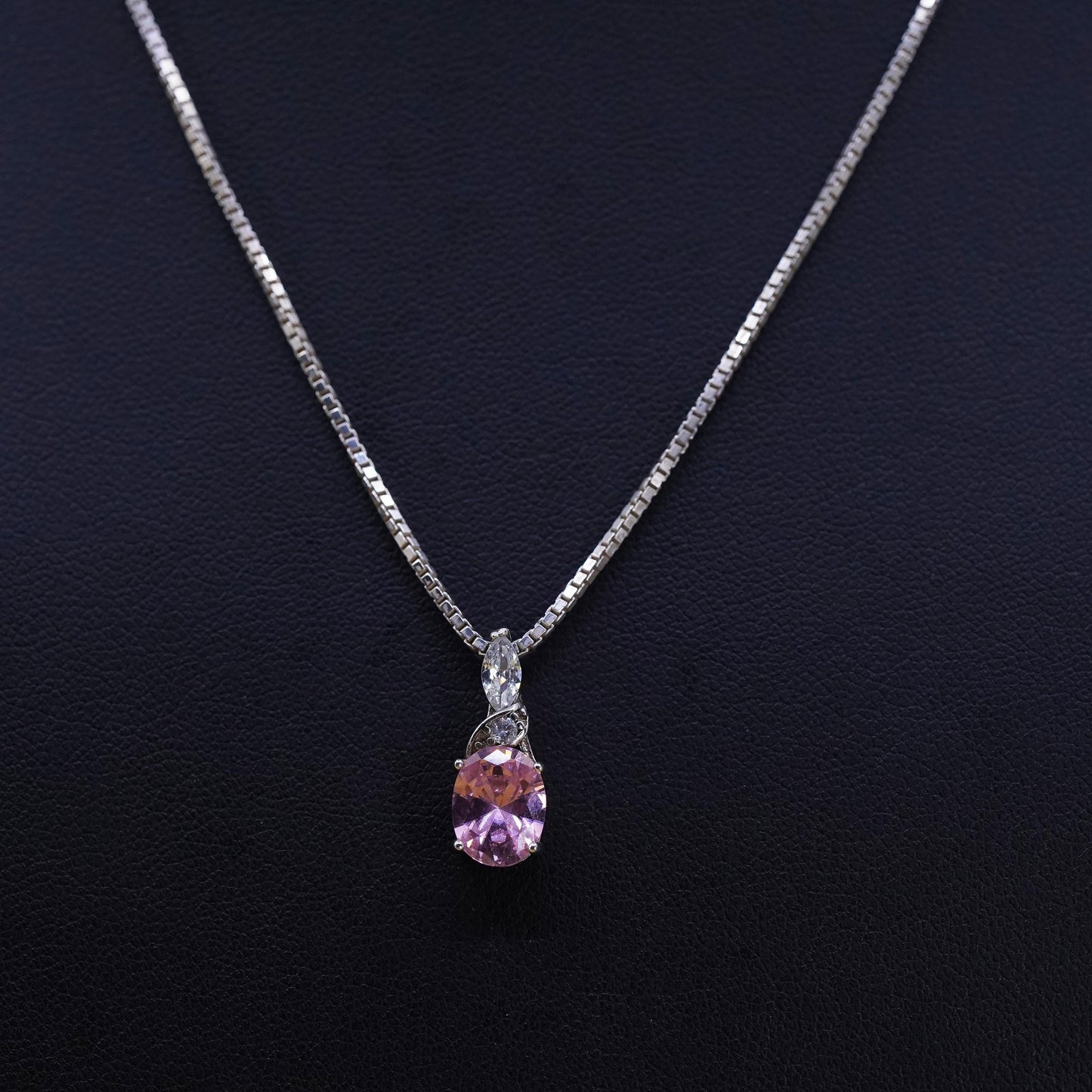 18", Sterling silver necklace, 925 box chain with pink crystal oval pendant