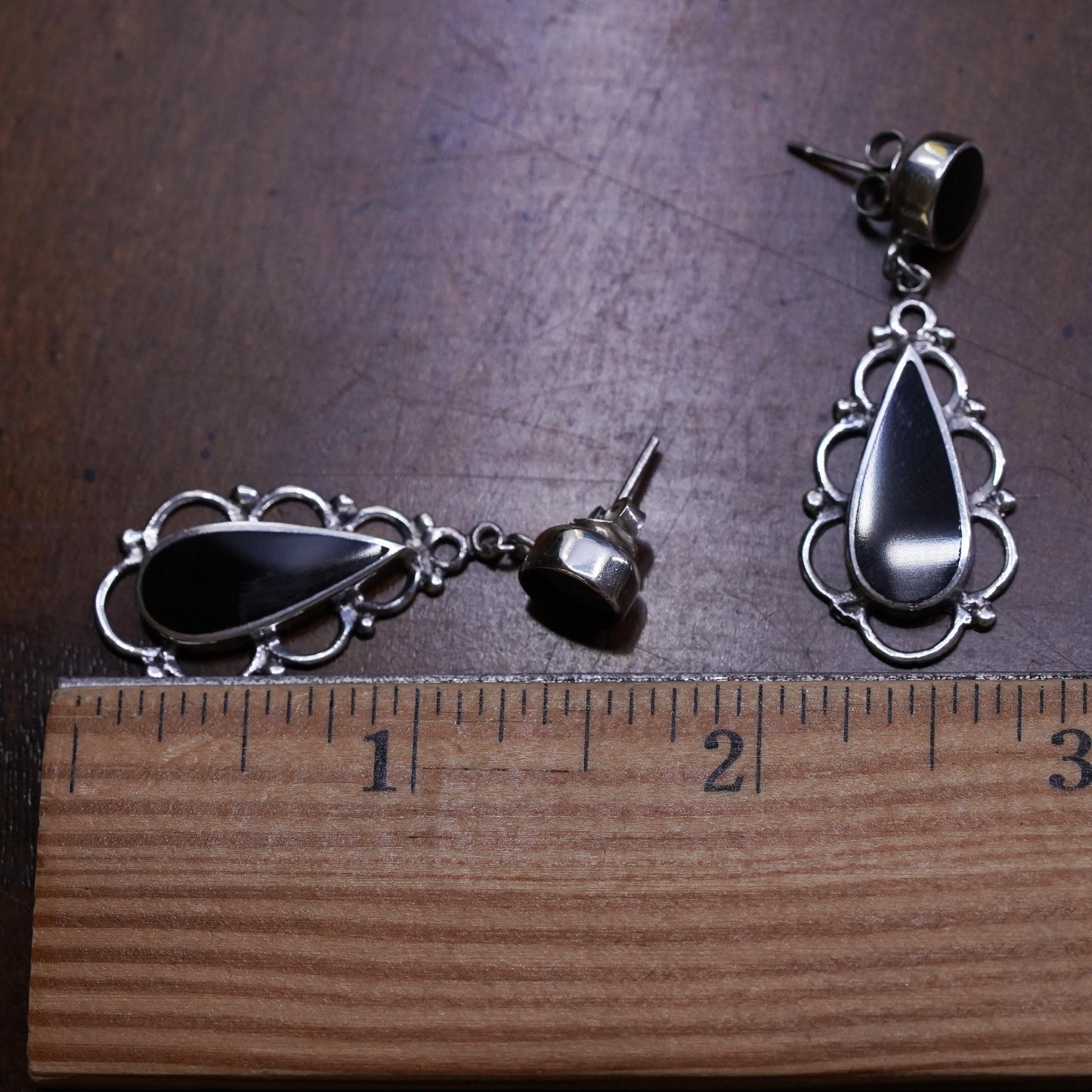 Vintage Sterling Silver 925 handmade earrings with teardrop Black Onyx