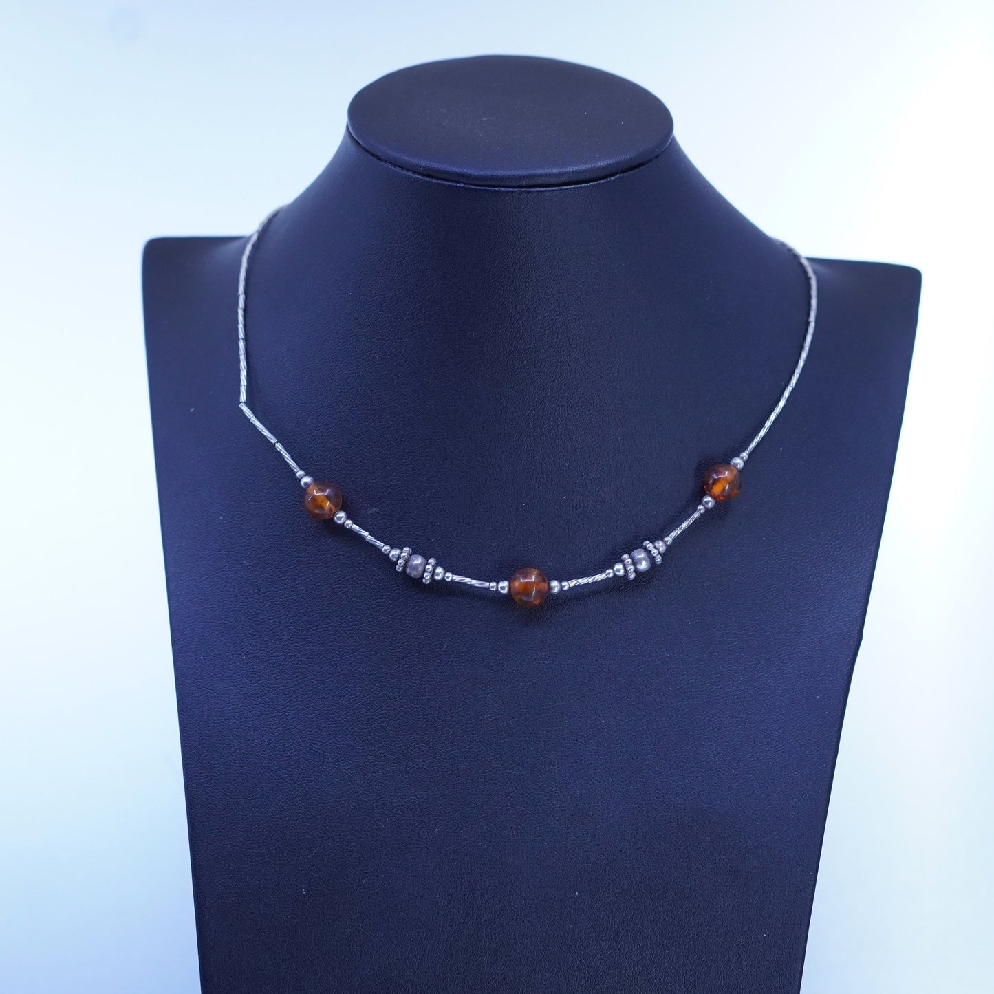 15”, vintage southwestern Sterling liquid Silver 925 necklace with amber