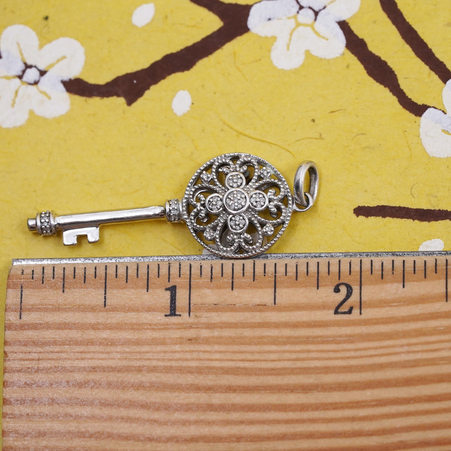 Vintage Sterling silver pendant, 925 key with cluster diamond