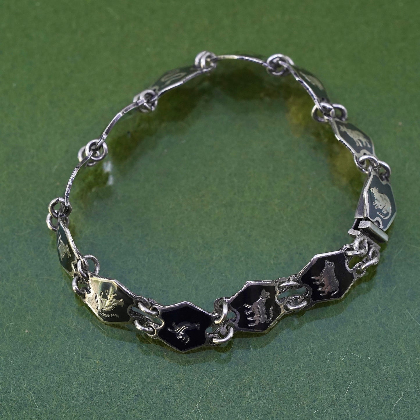 6.25”, Indian Siam sterling silver bracelet, 925 disc engraved 12 animal zodiac