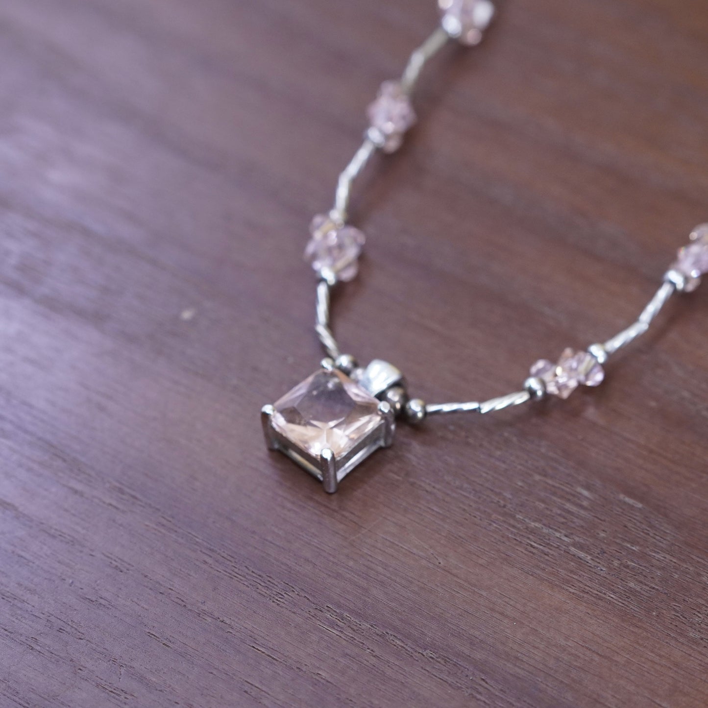 16+2” Sterling silver necklace, 925 silver bar chain with pink crystal pendant