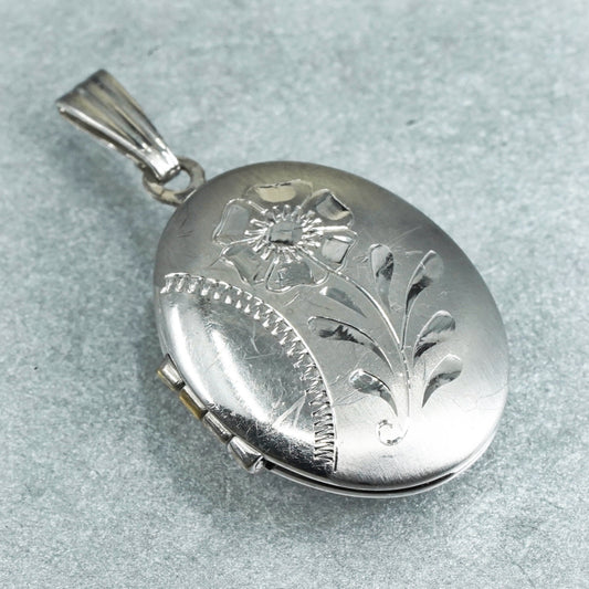 Sterling silver pendant charm, textured 925 floral textured two photos locket
