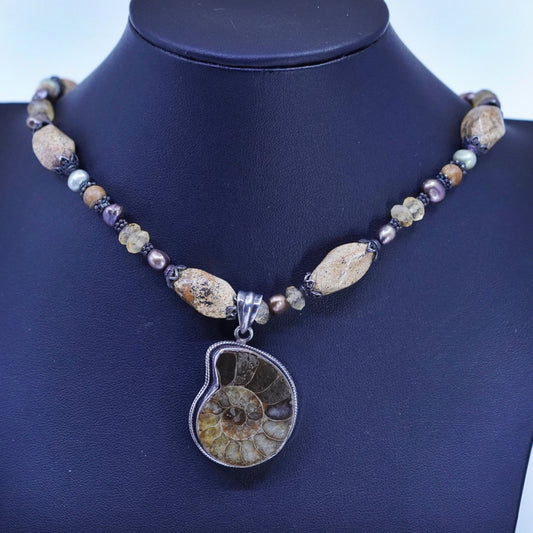 18”, Sterling 925 silver necklace w/ nugget jasper citrine fossil shell pendant