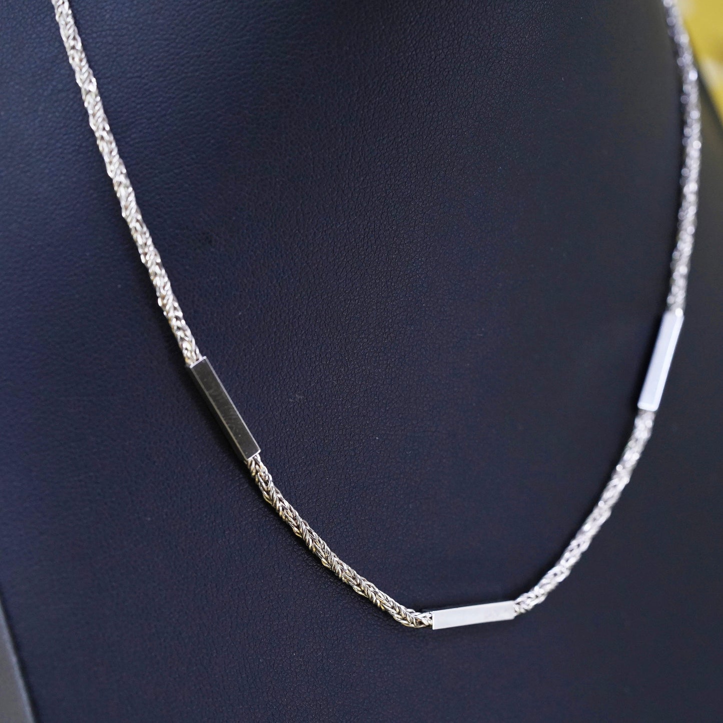 15” Sterling silver handmade necklace, 925 silver wheat chain with tube bar