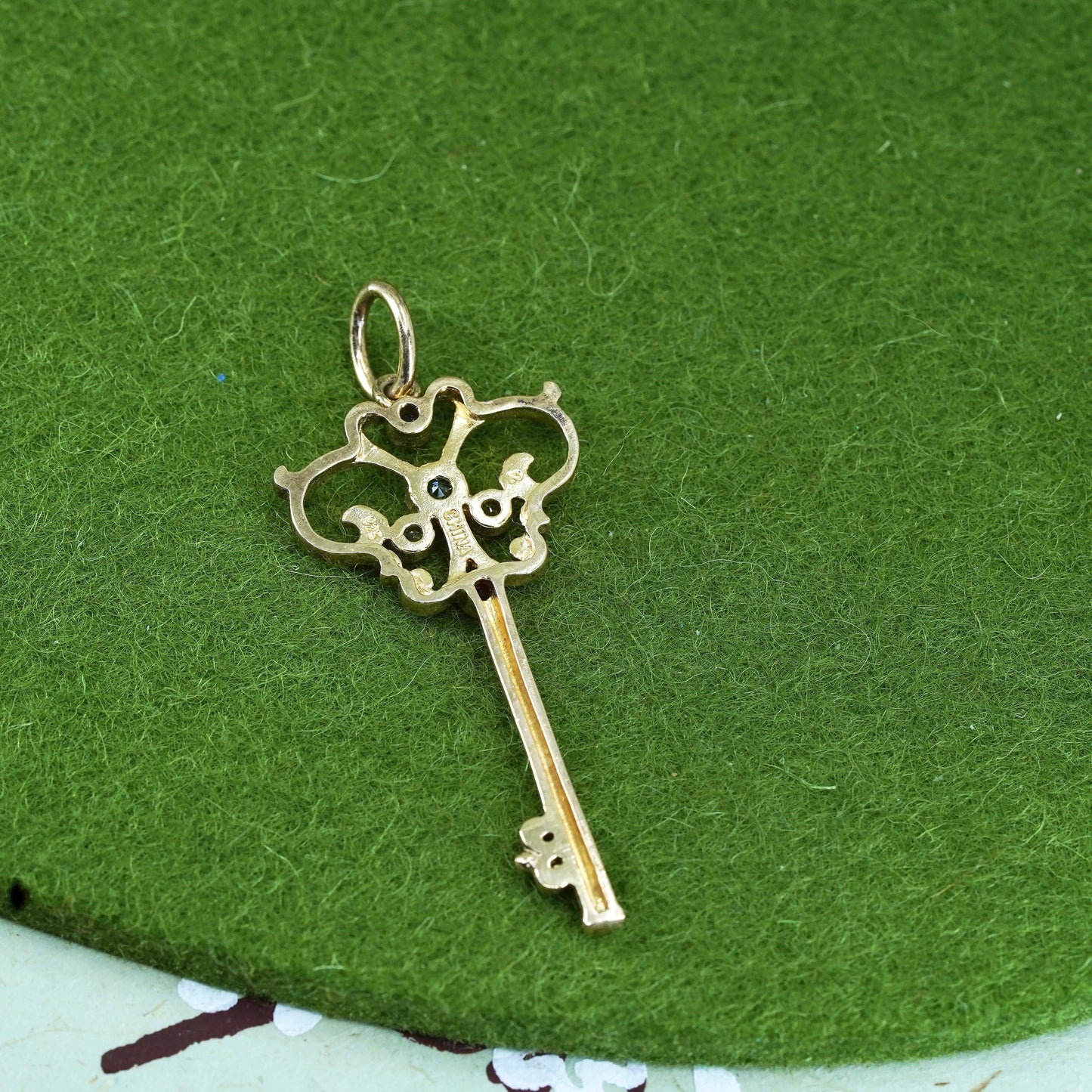 Vintage vermeil gold over sterling silver key pendant, 925 charm with cz ruby