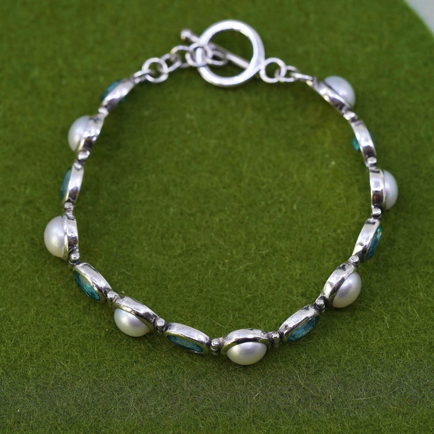 6.75", Vintage JCD Sterling silver tennis bracelet, 925 chain with topaz pearl