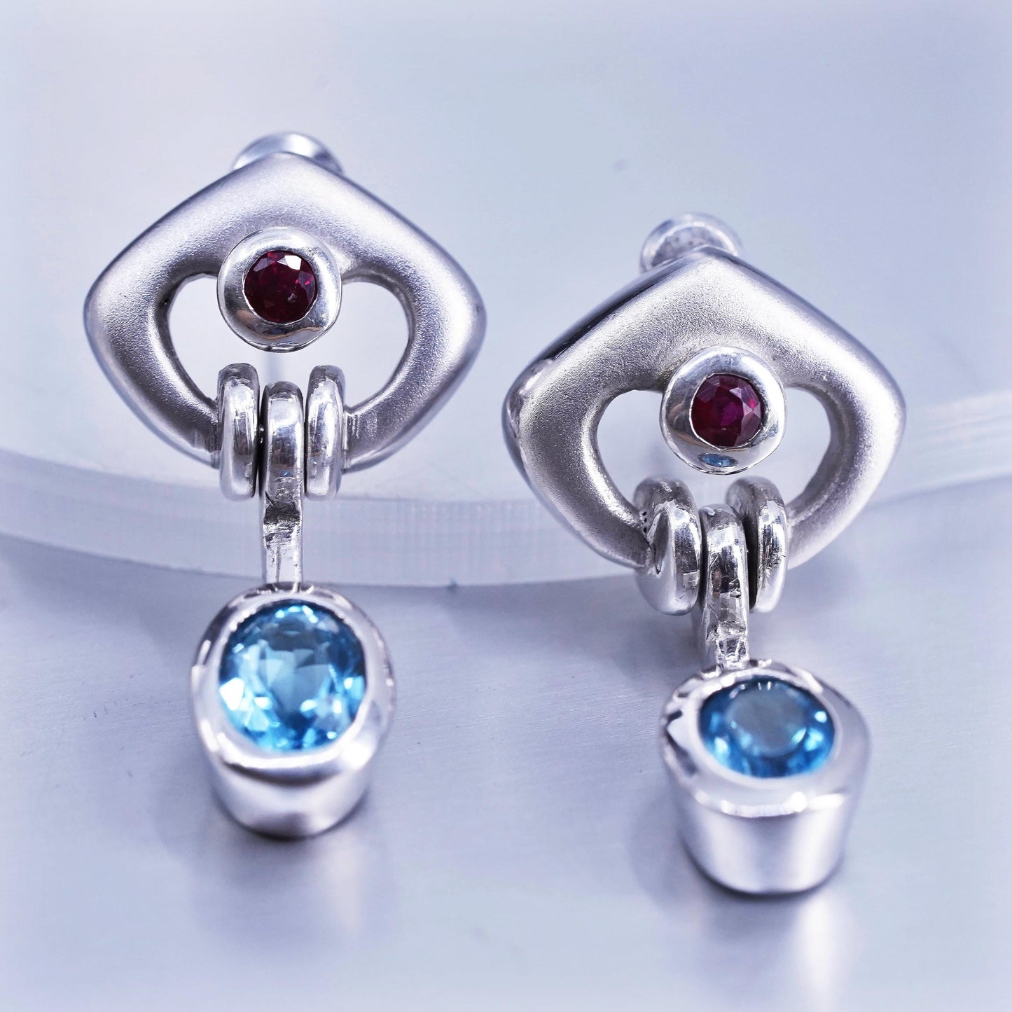 Vintage Sterling 925 silver handmade earrings with blue topaz and ruby