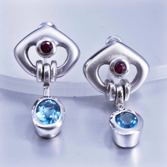 Vintage Sterling 925 silver handmade earrings with blue topaz and ruby