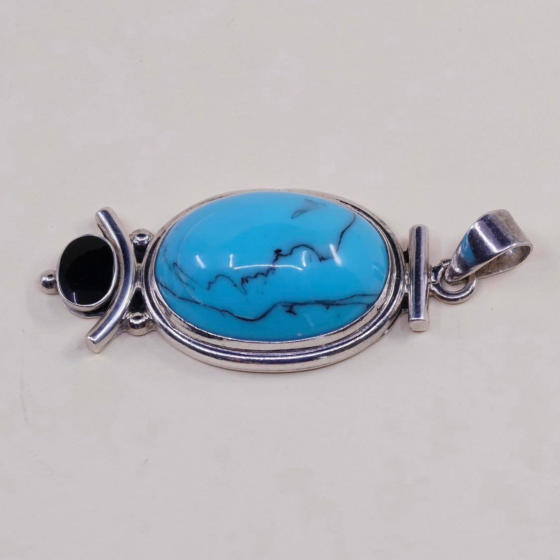 VTG sterling silver handmade pendant, Mexico w/ huge turquoise n obsidian