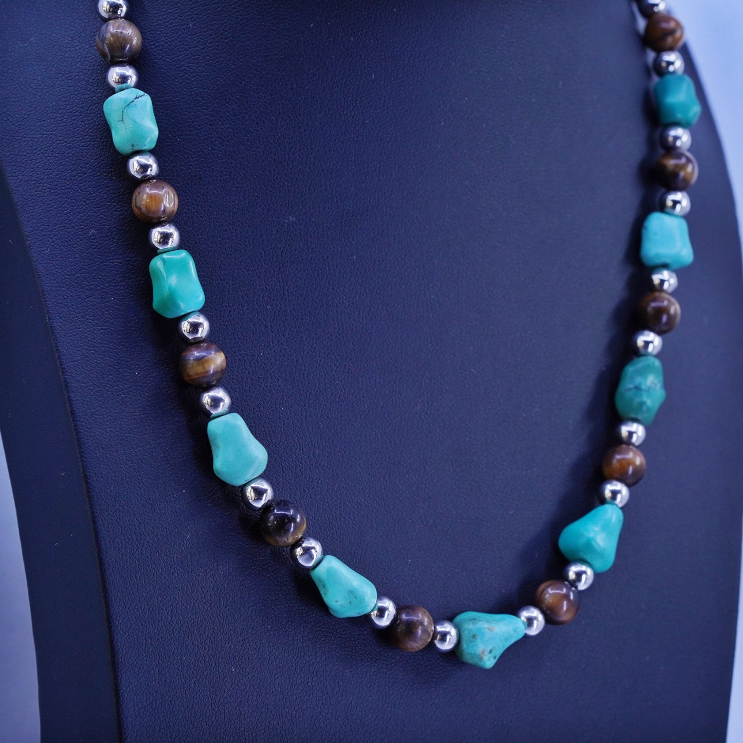 18”, Sterling 925 silver necklace with turquoise and golden tiger eye beads