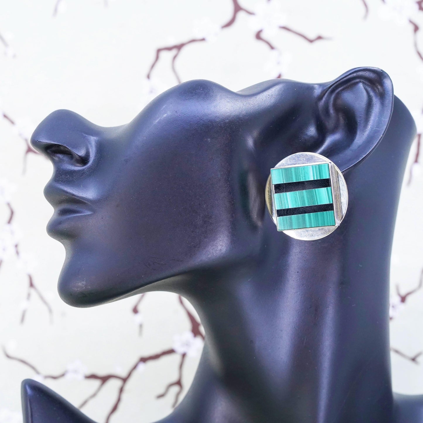 southwestern sterling silver earrings, circle square 925 studs malachite onyx