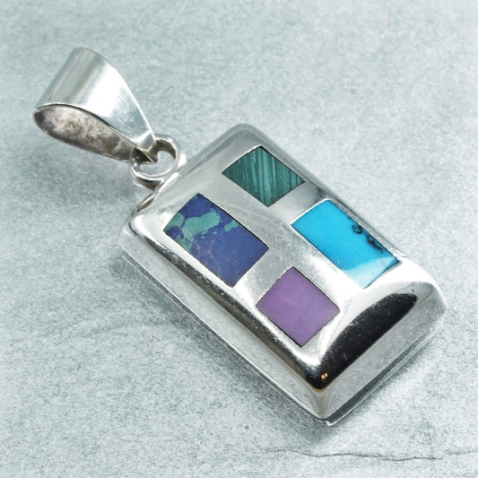 sterling 925 silver regtangular pendant with turquoise malachite sodalite inlay