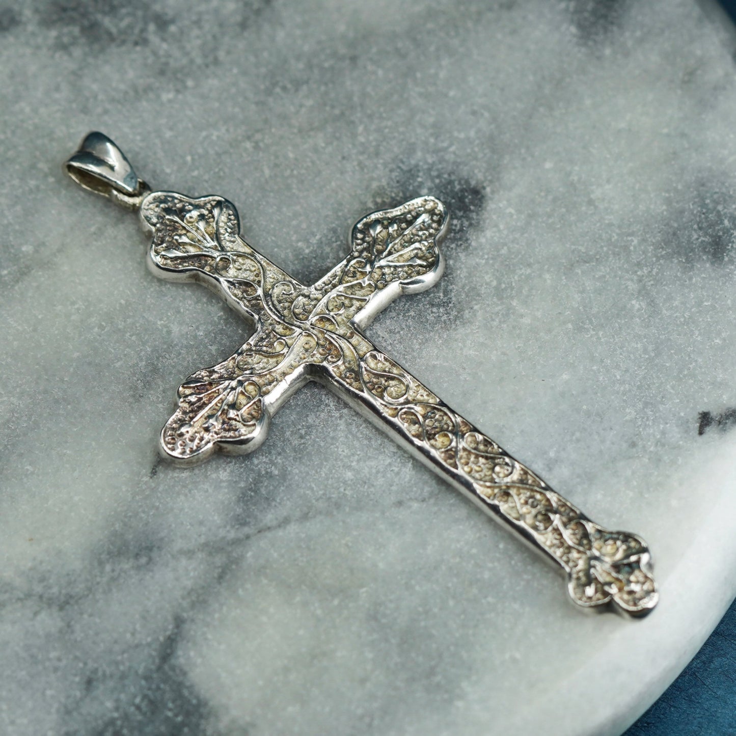 Vintage sterling silver handmade pendant, textured huge 925 cross