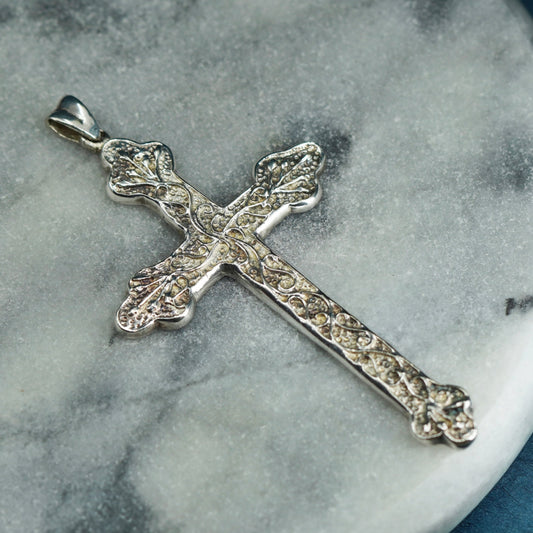 Vintage sterling silver handmade pendant, textured huge 925 cross