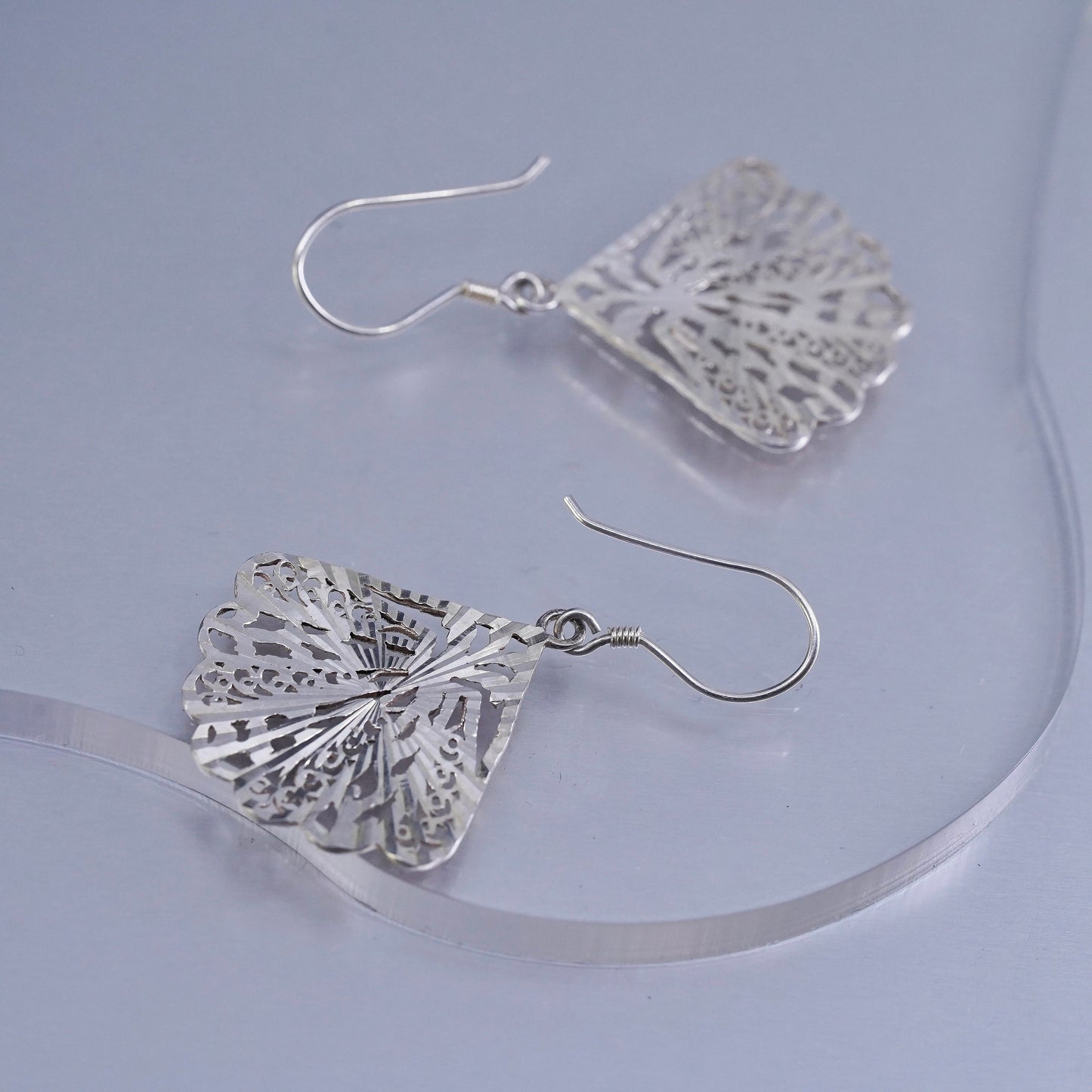 Vintage Sterling 925 silver handmade filigree fan earrings