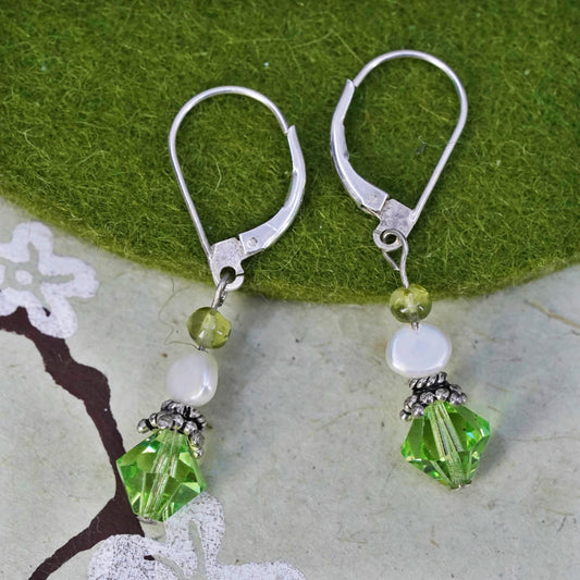 Vintage sterling silver handmade earrings, 925 silver with green crystal drops