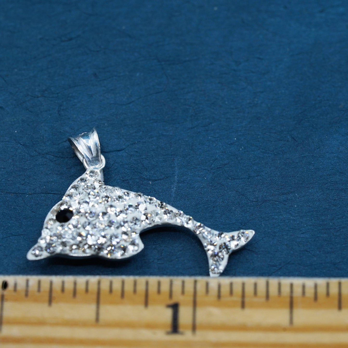 Vintage Sterling silver handmade pendant, 925 dolphin charm with cluster cz