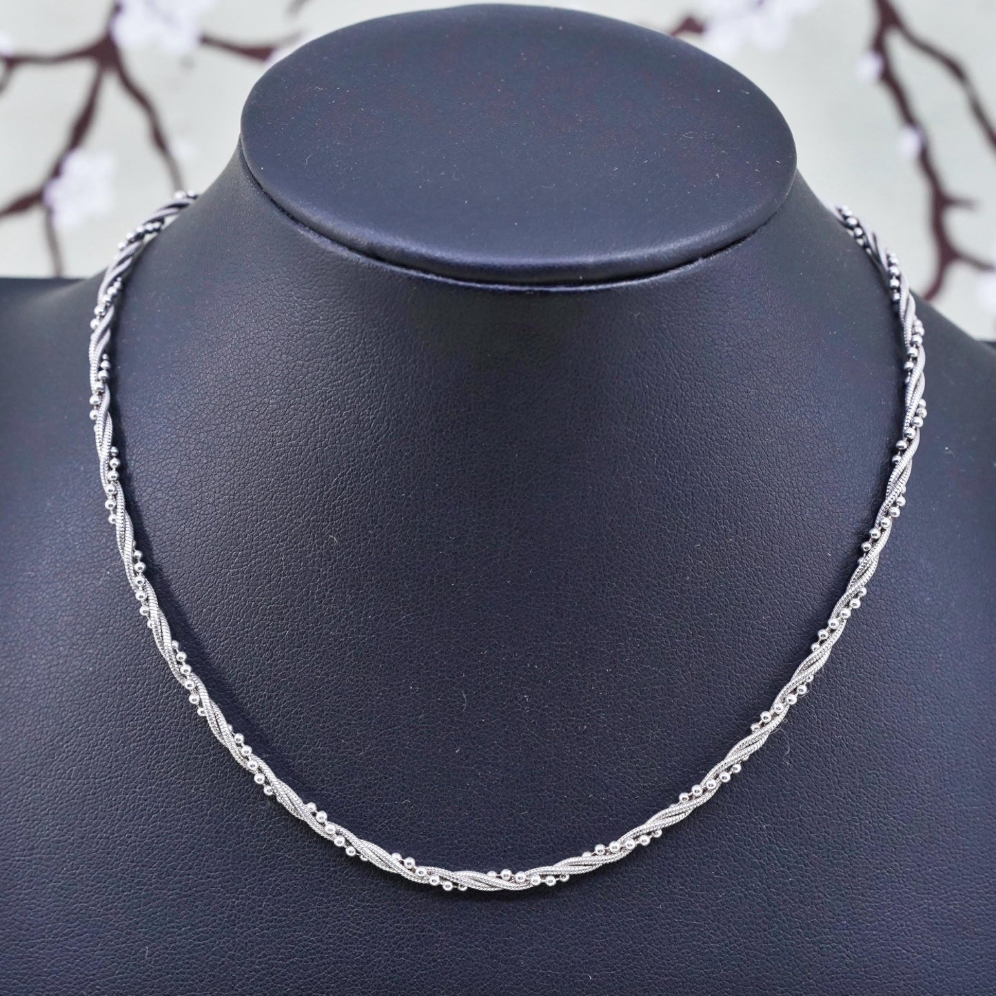 14", Vintage sterling silver twisted snake beads choker collar, 925 necklace