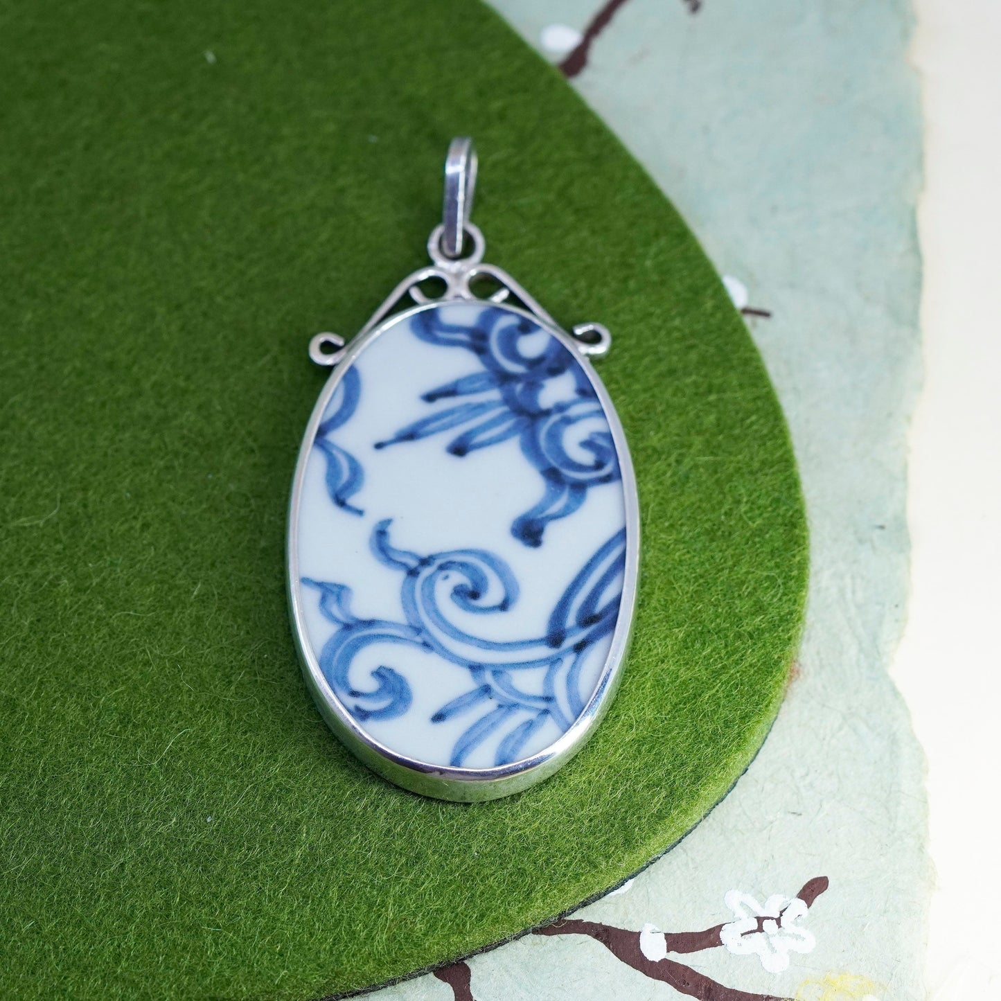 vintage handmade sterling 925 silver pendant with oval blue porcelain China