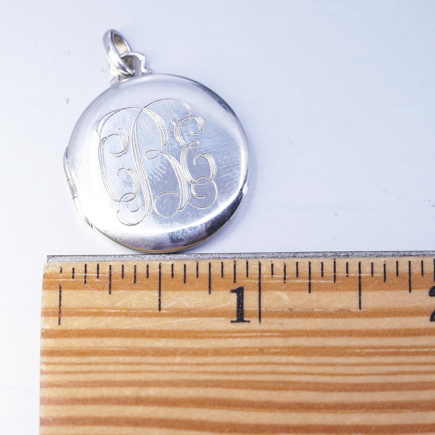 vintage Stella Dot Sterling 925 silver handmade circle monogram photo locket pendant engraved “CEB”, stamped 925 Stella Dot