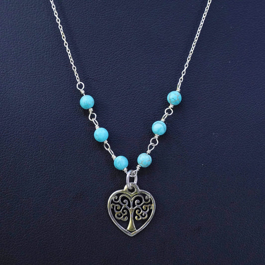 18", Native American Sterling silver necklace, 925 circle chain heart turquoise