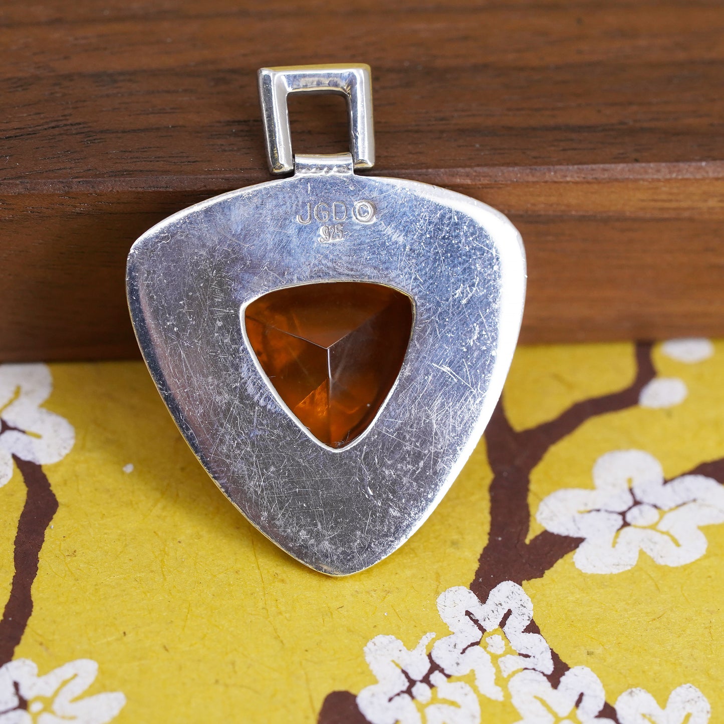 Vintage JGD sterling silver textured triangular pendant with orange crystal